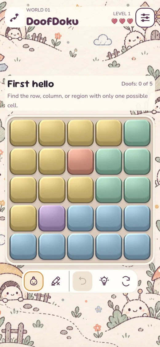 The first DoofDoku puzzle: an empty five-by-five board with five colored regions and the opening clue.